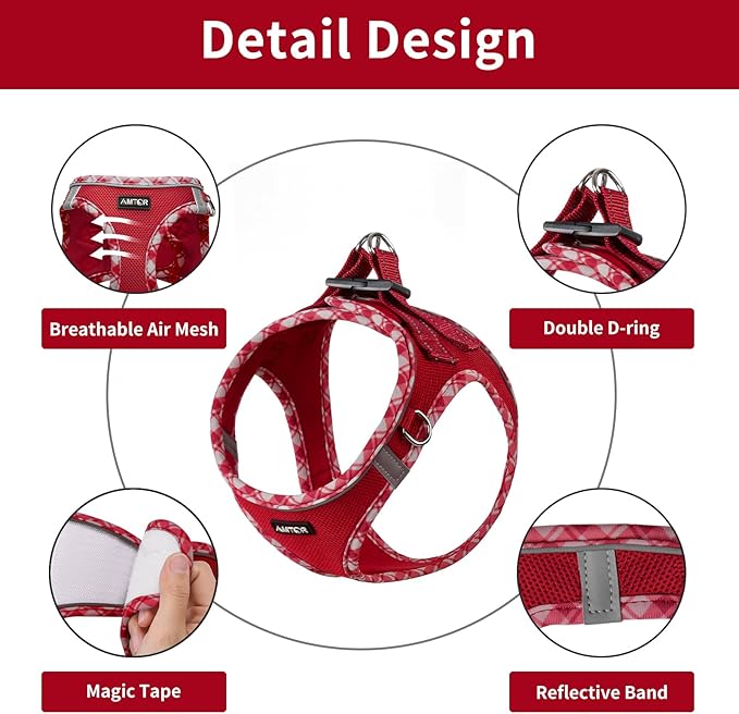 AMTOR Small Dog Harness with Leash Set, No Escape Easy Walk Puppy Harnesses for Training Walking, Step-in Reflective Soft Dogs Vest for XS S Medium Extra-Small Large Sized Dog(XS Size,Red/White)