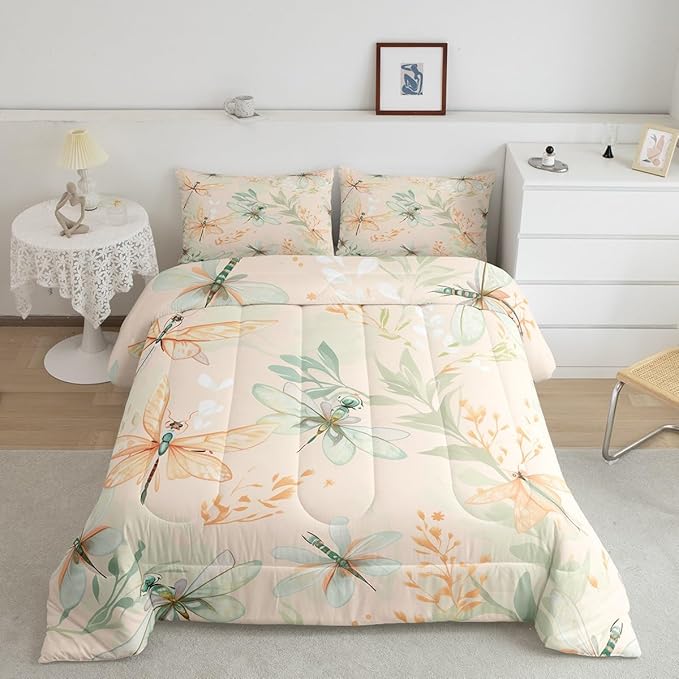 Erosebridal Dragonfly Comforter Set Full Animal Bedding Sets Plants Bedding Set Spring Duvet Set,Beige Quilted Duvet Butterfly Girls Women Breathable Bedroom Décorative 3 Piece