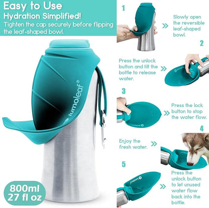 LumoLeaf Portable Dog Water Bottle 27 OZ, Stainless Steel Pet Travel Water Bottle Dispenser for Walking, Hiking and Outdoor, Portable Water Bowl for Large Dogs (Blue)