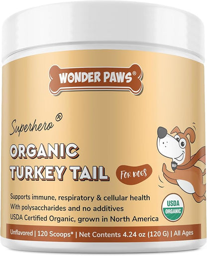 Wonder Paws Organic Turkey Tail Mushroom for Dogs – Powerful Turkey Tail for Dogs Mushroom Powder for Immunity, Respiratory, Digestion & Cellular Health–with Beta Glucans & Polysaccharides (120 g)