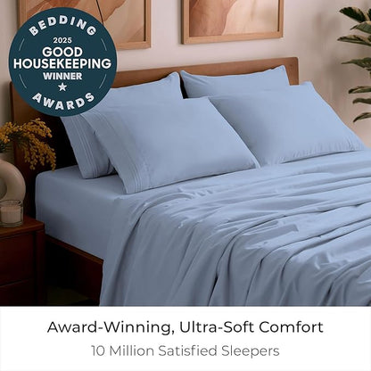 Mellanni California King Sheet Set - 6-Piece Iconic Collection Bedding, (Including 4 Pillowcases), 21-Inch Extra Deep Pocket, Easy Care, Ultra Soft, Cooling Sheets, Brushed Microfiber - Sky Blue