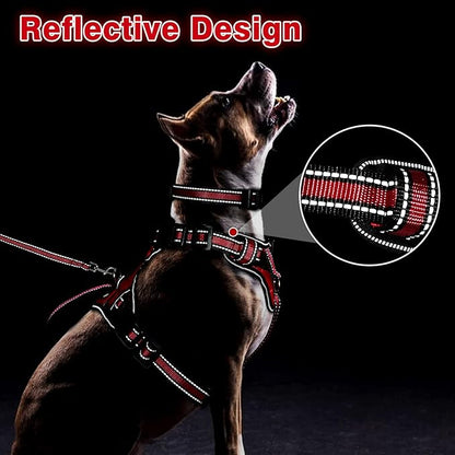 WINSEE Pet Harness Collar and Leash Set, All-in-one Reflective Dog Harness No Pull with Adjustable Buckles for Puppies, Small, Medium, Large, and Extra-Large Dogs (Large, Red)