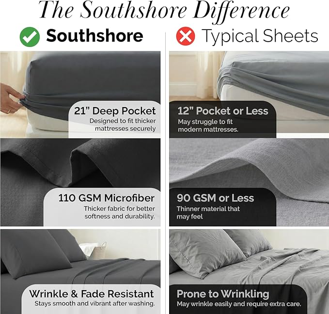 Southshore Fine Living, Inc. 6-Piece, 21-Inch Queen Deep Pocket Sheet Set, Wrinkle Free Sheets, Grey Queen Sheets Deep Pocket, Full Elastic Fitted Sheet, Oversized Flat, 4 Pillow Cases, Slate