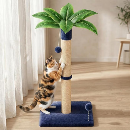 XiaZ Cat Scratching Post 34'' Tall, Cat Scratchers Tree Tower for Indoor Kitty with Extra Wide 15.8" Stable Base and 2 Toy Balls, Natural Sisal & Plush Fabric for Small, Medium Cats(Navy Blue, 2.8in)