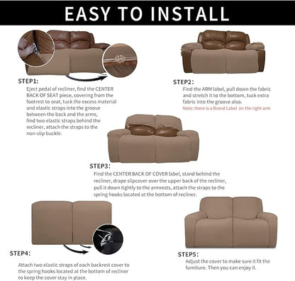 Easy-Going 100% Dual Waterproof Recliner Loveseat Cover, 6-Pieces Stretch Relining Sofa Cover with Pocket, Jacquard 2 Seat Sofa Slipcover Leakproof Washable (Loveseat, Camel)