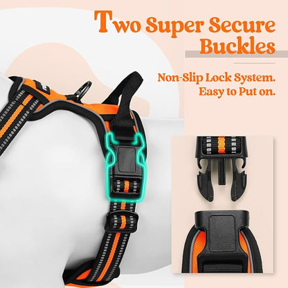 rabbitgoo Dog Harness No Pull with 2 Leash Clips, Adjustable Soft Padded, Reflective Oxford No Choke Pet Vest with Easy Control Handle for Large Dogs,Orange,L