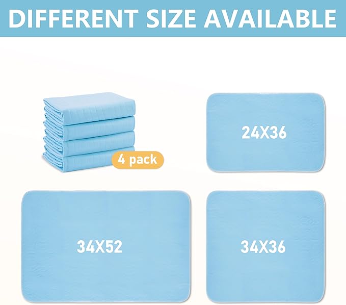 DAHAPYBOO Washable Underpads, 34"x52" 4 Pack Incontinence Bed Pads, Heavy Absorbency Reusable for Elderly, Kids, Adults and Pets, Waterproof Quick Drying for Bed, Sofa, Floor