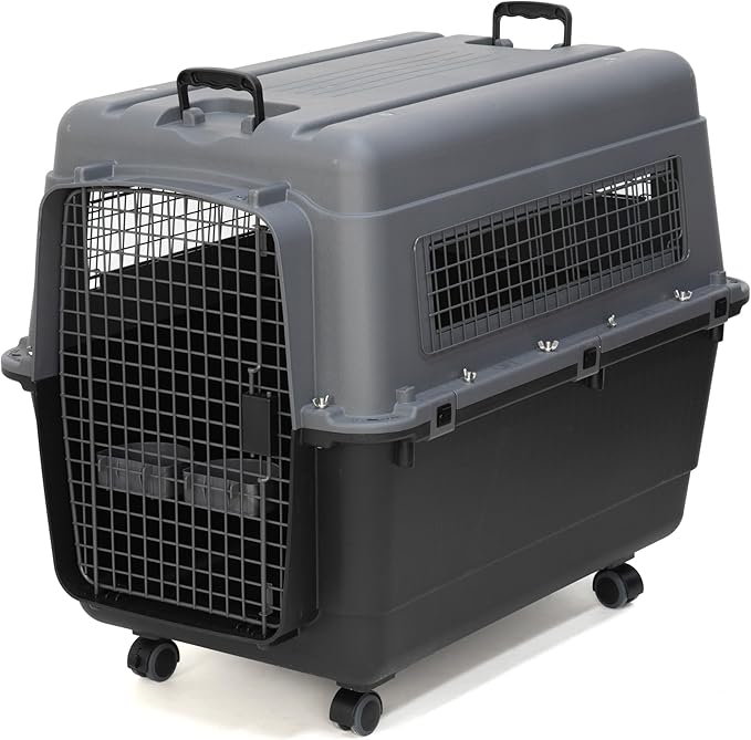 SportPet Airline Compliant X-LARGE 32.25" Travel Dog Kennel-Durable Plastic Airline Pet Carrier w/Removable Wheels & Food Bowls, Collapsible Indoor/Outdoor Dog Kennel, Dogs up to 32"L & 23"H-Dark Gray