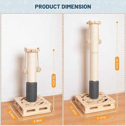 20.5 Inch Cat Scratching Post, 4-in-1 Interactive Maze Base with Cat Self Groomer, Natural Pine Wood & Premium Sisal Scratching Pole, Anti-Slip Detachable Design for Indoor Cats