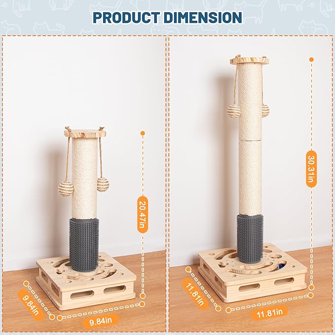 30.3 Inch Large Cat Scratching Post, 4-in-1 Interactive Maze Base with Cat Self Groomer, Natural Pine Wood & Premium Sisal Scratching Pole, Anti-Slip Detachable Design for Indoor Cats