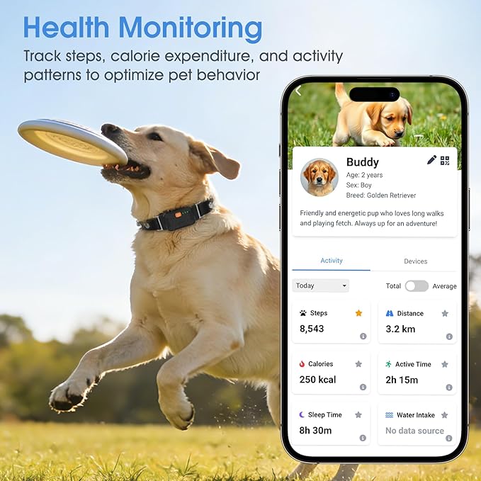 GPS Pet Tracker for Dogs and Cats - 12 Months Free Membership, Real-Time Tracking, Health Monitoring, Historical Route Recording, Virtual Geofence, IP67 Waterproof, 14-Day Battery Life