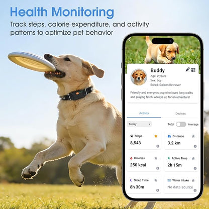 GPS Pet Tracker for Dogs and Cats - 12 Months Free Membership, Real-Time Tracking, Health Monitoring, Historical Route Recording, Virtual Geofence, IP67 Waterproof, 14-Day Battery Life