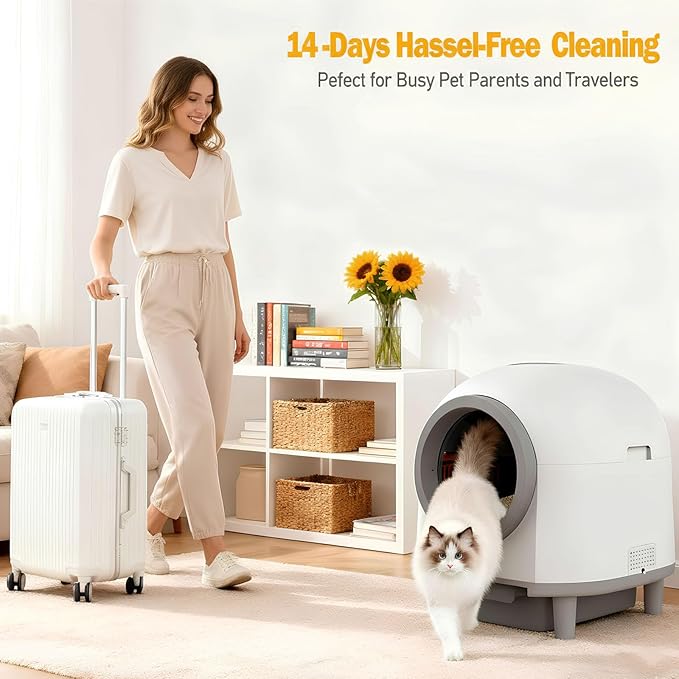 Self Cleaing Litter Box for Multiple Cats, 88L Large Smart Automatic Cat Litter Box with App Control, Health Monitoring, Integrated Safety Sensors, Odor Removal, Mat, Liners (White)