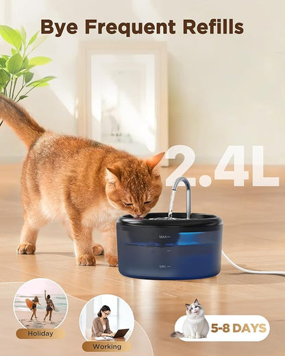 Cat Water Fountain for Cats Indoor: 80oz/2.4L Cat Fountains for Drinking - Quiet Pet Watering Bowls for Cats Inside - Black Kitten Waterer Supplies - for Small and Medium Animals