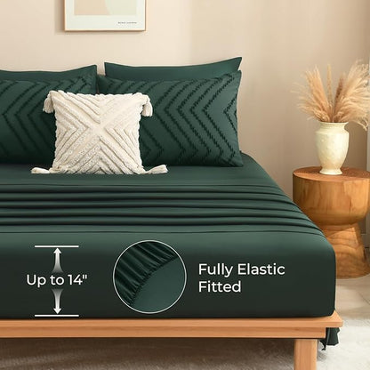 Litanika California King Comforter Set with Sheets Emerald Green - 7 Pieces Cal King Bed in a Bag Chevron Tufted Complete Bedding Sets with Comforter, Sheets, Pillowcases & Shams
