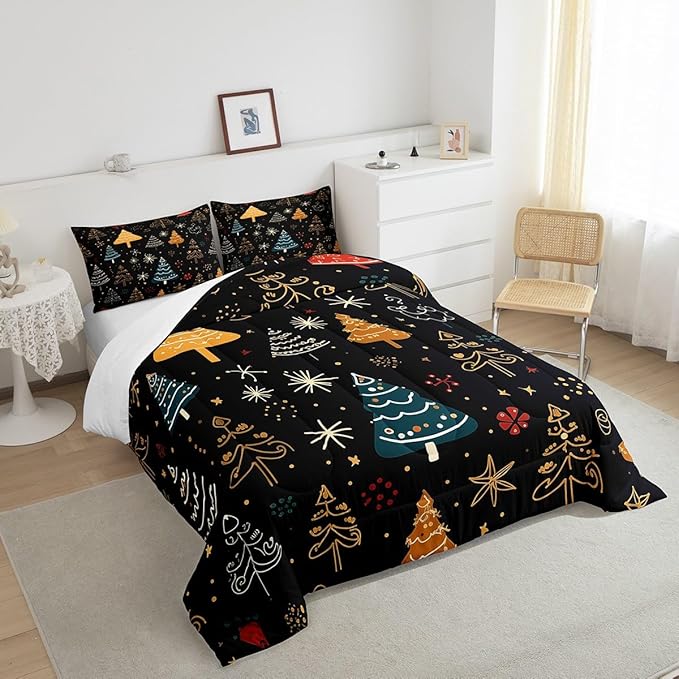 Erosebridal Christmas Theme Comforter Twin for Kids Boys Girls Xmas Tree Bedding Set, Glitter Stars Down Comforter Black Bed Set, Cartoon Hand Drawn Quilted Duvet Breathable for All Seasons 2 Piece