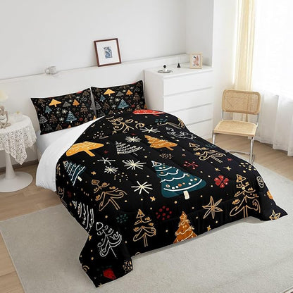 Erosebridal Christmas Theme Comforter King for Kids Boys Girls Xmas Tree Bedding Set, Glitter Stars Down Comforter Black Bed Set, Cartoon Hand Drawn Quilted Duvet Breathable for All Seasons 3 Piece