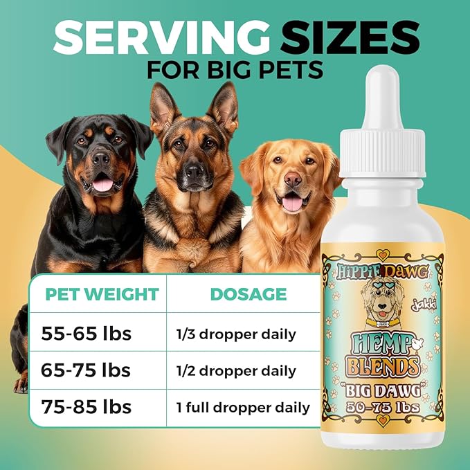Hippie Dawg Big DAWG Hemp Oil for Large Dogs (50-75 lbs) - Maximum Strength Hip and Joint Support with Glucosamine, Collagen & Hyaluronic Acid - Natural Calming Tincture for Mobility & Wellness - 1oz