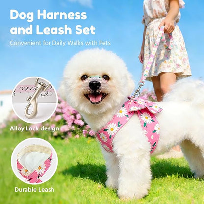 BAEJMJK Dog Harness and Leash Set with Bow Knot No Pull Pet Daisy Floral Harness with D-Ring Soft Mesh Dog Harness Vest Set Escape Proof Princess Puppy Harness for Small Girl Dogs Cats（Pink L）