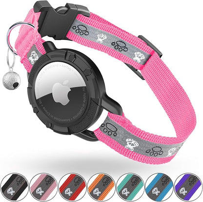 Reflective AirTag Cat Collar, Integrated Cat Tracker Collar with Air Tag Holder and Bell, Safety Elastic Band Cat GPS Collars for Girl Boy Cats, Kittens and Puppies (Hotpink,S)