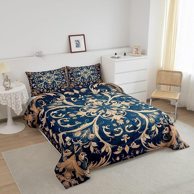 Erosebridal Paisley Comforter Set Full Flower Bedding Set, Navy Blue Beige Bedding Comforter Sets Golden Floral Duvet, Bohemian Hippie Quilted Comforter Teen Adults Bedroom Décor, Lightweight 3pcs
