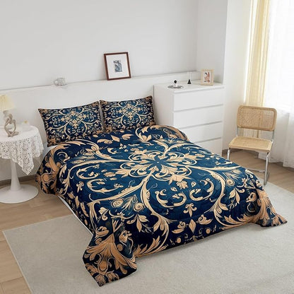 Erosebridal Paisley Comforter Set Full Flower Bedding Set, Navy Blue Beige Bedding Comforter Sets Golden Floral Duvet, Bohemian Hippie Quilted Comforter Teen Adults Bedroom Décor, Lightweight 3pcs