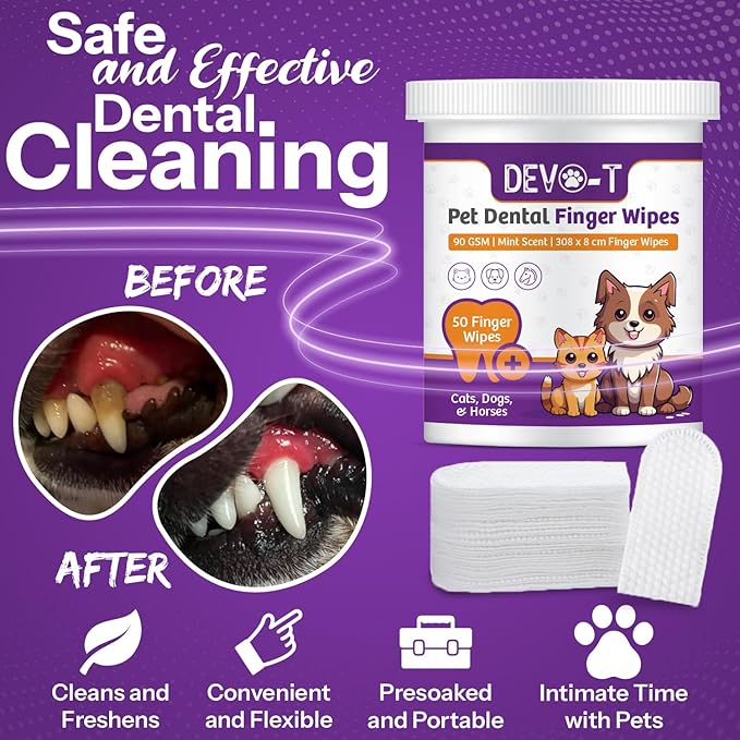 DEVO-T 100% Natural Dog Teeth Cleaning Wipes Unscented | 100 Count | Pet Teeth Cleaning Finger Wipes for Dogs, Cats & Horses | Remove Bad Breath, Plaque & Tartar Buildup | Dog Dental Wipes Finger