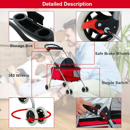 BestPet Pet Stroller 4 Wheels Posh Folding Waterproof Portable Travel Cat Dog Stroller with Cup Holder (Red)