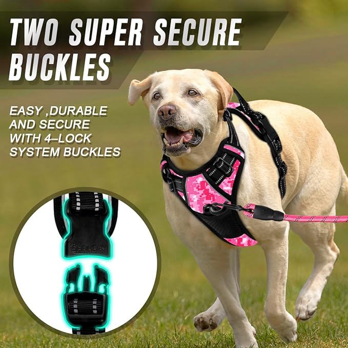 BARKBAY No Pull Dog Harness Front Clip Heavy Duty Reflective Easy Control Handle for Large Dog Walking(Pink camo,M)