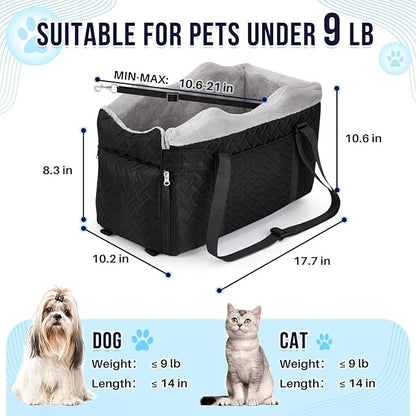 SlowTon Console Dog Car Seat - Portable Center Dog Car Seat for Small Dogs up to 9 lbs, Washable Pet Carseat with Soft Cushion Safe Protection Hooks & Storage Pocket, Black