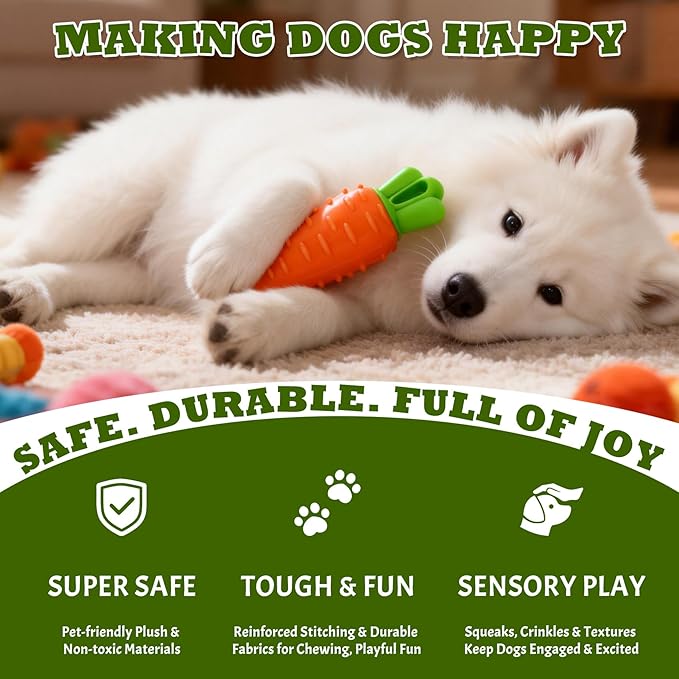 DAMAH Indestructible Carrot Dog Toy for Aggressive Chewers with Squeaky, Rubber Tough Dog Squeaky Chew Toys Teeth Cleaning Toy for Large, Medium and Small Breeds