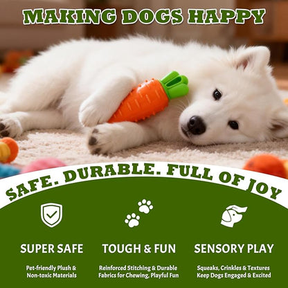 DAMAH Indestructible Carrot Dog Toy for Aggressive Chewers with Squeaky, Rubber Tough Dog Squeaky Chew Toys Teeth Cleaning Toy for Large, Medium and Small Breeds