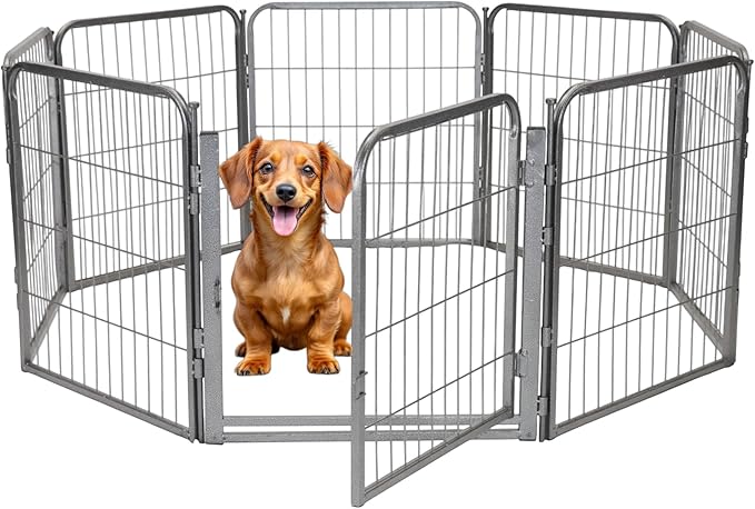 Dog Playpen - 24 inch, 8 Panel Portable Grey Metal Pet Play Pen for Small Dogs and Puppies - Indoor/Outdoor Kennel Cage | Anti-Rust Tool Free Setup for Home, Yard, RV, or Camping