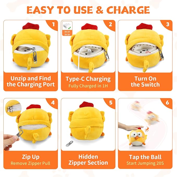 Interactive Dog Toy Ball, Upgrade Automatic 1.5H Jump Plush Toy with Removable Zipper for Small Large Dogs, Rechargeable Squeaky Move Bounce Ball for Pets Keep Busy, No Loud Music (Chicken)