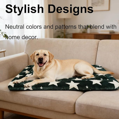 Dog Bed Mat, Reversible Crate Pad & Durable Dog Bed - Machine Washable Kennel Mat with Ultra Soft for Large Dogs (Big&Small Stars Green, 35" L*23" W*1.5" Th)