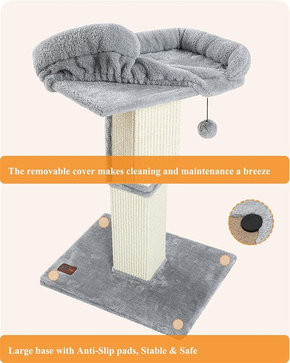 Karolpar 32" Cat Scratching Post for Indoor Cats, Sisal Cat Scratcher with Plush Perch, Large Scratch Post with Bed, Removable Cover, Sisal Fabric,Light Grey