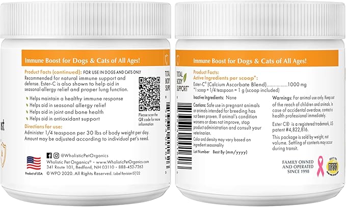 Wholistic Pet Organics Ester-C Powder for Dogs & Cats - Cat & Dog Allergy & Itch Relief - Vitamin C Immune Support Supplement - Itchy Skin Support for Seasonal Dog Allergy Relief - 4 oz - 113 Scoops