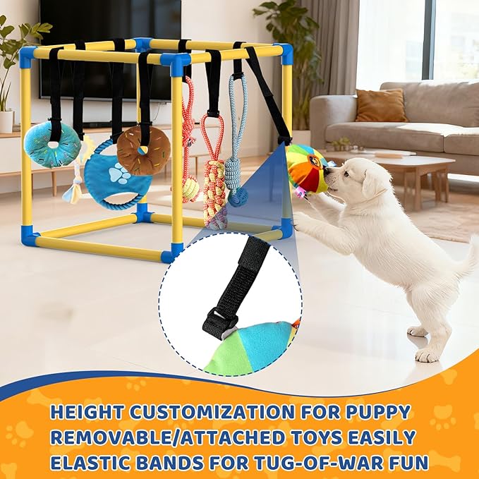 Puppy Play Gym with 8 Hanging Toys Indoor Play Gym Interactive Dog Toys for Boredom Enrichment Activity for Small Dog Teething PVC Frame Stretchy Rope with Velcro (Yellow,19.6 x 19.6 x 19.6 inch)