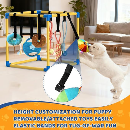 Puppy Play Gym with 8 Hanging Toys Indoor Play Gym Interactive Dog Toys for Boredom Enrichment Activity for Small Dog Teething PVC Frame Stretchy Rope with Velcro (Yellow,19.6 x 19.6 x 19.6 inch)