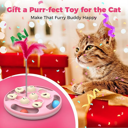 Cat Puzzle Toys Games Level 3 in 1 with Track Balls, Feather Teaser & Treat Feeder | Non-Slip Base | Mental Stimulation Enrichment for Indoor Cat, Dogs | Kitty Gift, Pink