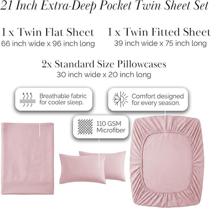 Southshore Fine Living, Inc. 4-Piece Twin Sheets Set, 21" Extra Deep Pocket Twin Fitted Sheet, Oversized Flat Sheet, Microfiber Bedding Set, Pink Pillow Cases Standard Size, Pastel Pink Sheets