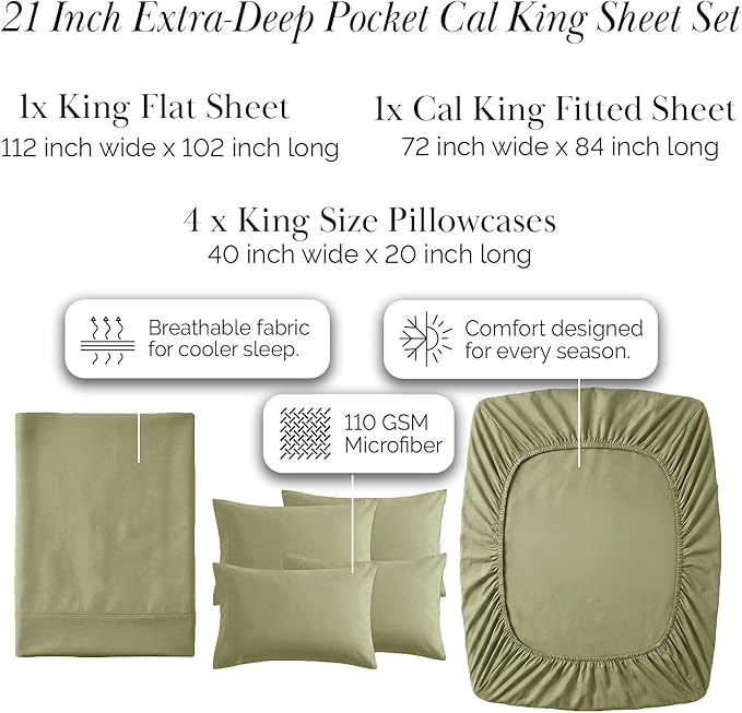Southshore Fine Living, Inc. 6-Piece California King Sheet Sets, 21-Inch Deep Pocket Cal King Sheet Set, 1 Fitted and Flat Sheet Set, Microfiber Bedding, Sage Green Pillow Cases, Sage Green Sheets