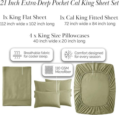 Southshore Fine Living, Inc. 6-Piece California King Sheet Sets, 21-Inch Deep Pocket Cal King Sheet Set, 1 Fitted and Flat Sheet Set, Microfiber Bedding, Sage Green Pillow Cases, Sage Green Sheets