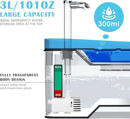 PETNF Blue Pet Water Fountain, 101oz/3L Automatic Cat and Dog Water Dispenser with LED Light, Ultra Quiet Pump, 3 Flow Settings & 2 Filters