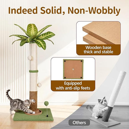 Tall Cat Scratching Post Vertical Pole for Indoor, 35" Palm Tree Sisal Scratch Post for Large Adult Cats Kittens, Heavy Duty Wooden Carpet Pole with Ball Track Leaves, Furniture Protection