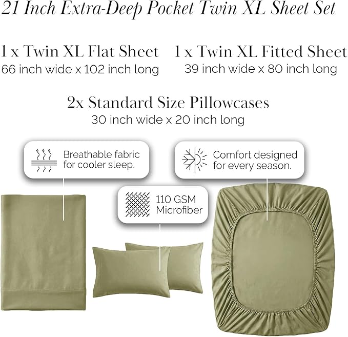 Southshore Fine Living, Inc. 4-Piece Dorm Sheets Twin XL Set, 21-Inch Extra Deep Pocket Twin XL Sheets, Oversized Flat Sheet, Sage Green Pillow Cases Standard Size Set of 2, Sage Green