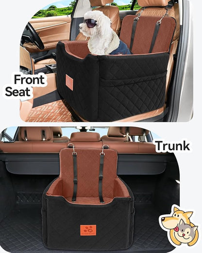GL GLENSLAVE Dog Car Seat for Small/Medium Dogs Under 35lbs,Memory Foam Dog Booster Seats,Detachable and Washable Traval Pet Car Seat, Dogs Bed with 2 Safety Belts(Balck/Brown)