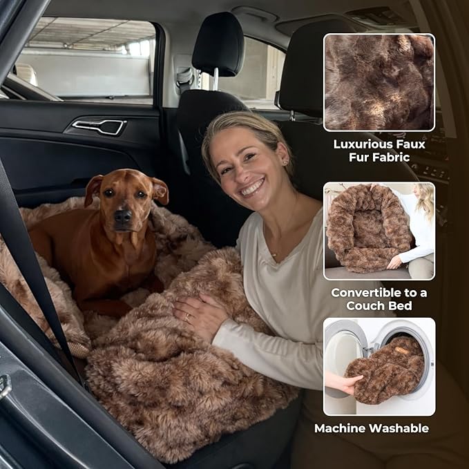 Pelsbarn Luxurious Cozy Car Bed - M/L Luxury Travel Dog Bed with Safety Belt - Ultra Soft Faux Fur - Brown