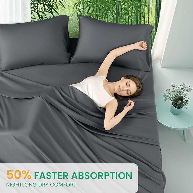 SONORO KATE 100% Viscose Derived from Bamboo_Sheets King Size, Ultra Breathable & Cooling Bed Sheets for Hot Sleepers, Hotel Luxury Silky Bedding Sheets, 16" Deep Pocket - 4PC (Dark Grey,King)