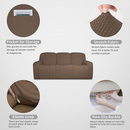 Easy-Going 100% Dual Waterproof Recliner Sofa Cover, 8-Pieces Stretch Relining Couch Cover with Pocket, Jacquard 3 Seat Sofa Slipcover Leakproof Washable (Sofa, Brown)